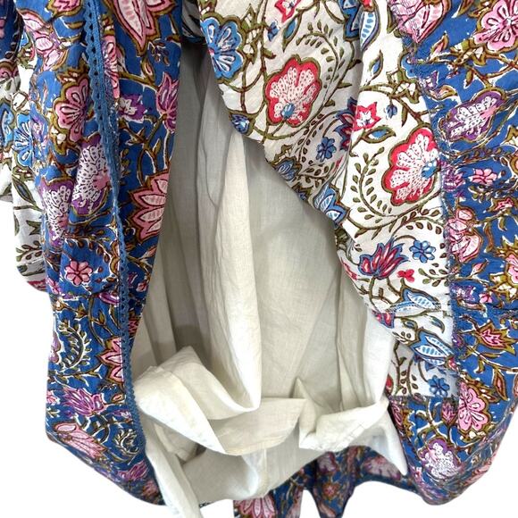 MAISIE Block Print Floral Boho Midi Dress in Ivory & Blue Size Small - Picture 3 of 9